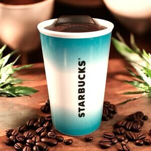 Starbucks Teal White Ombre Double Wall Ceramic Travel Tumbler W/lid 8 Oz